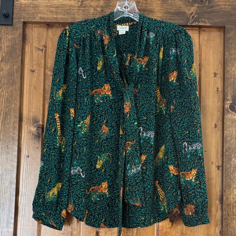 J. Crew Dark Green Animal-Print Tie-Neck Blouse